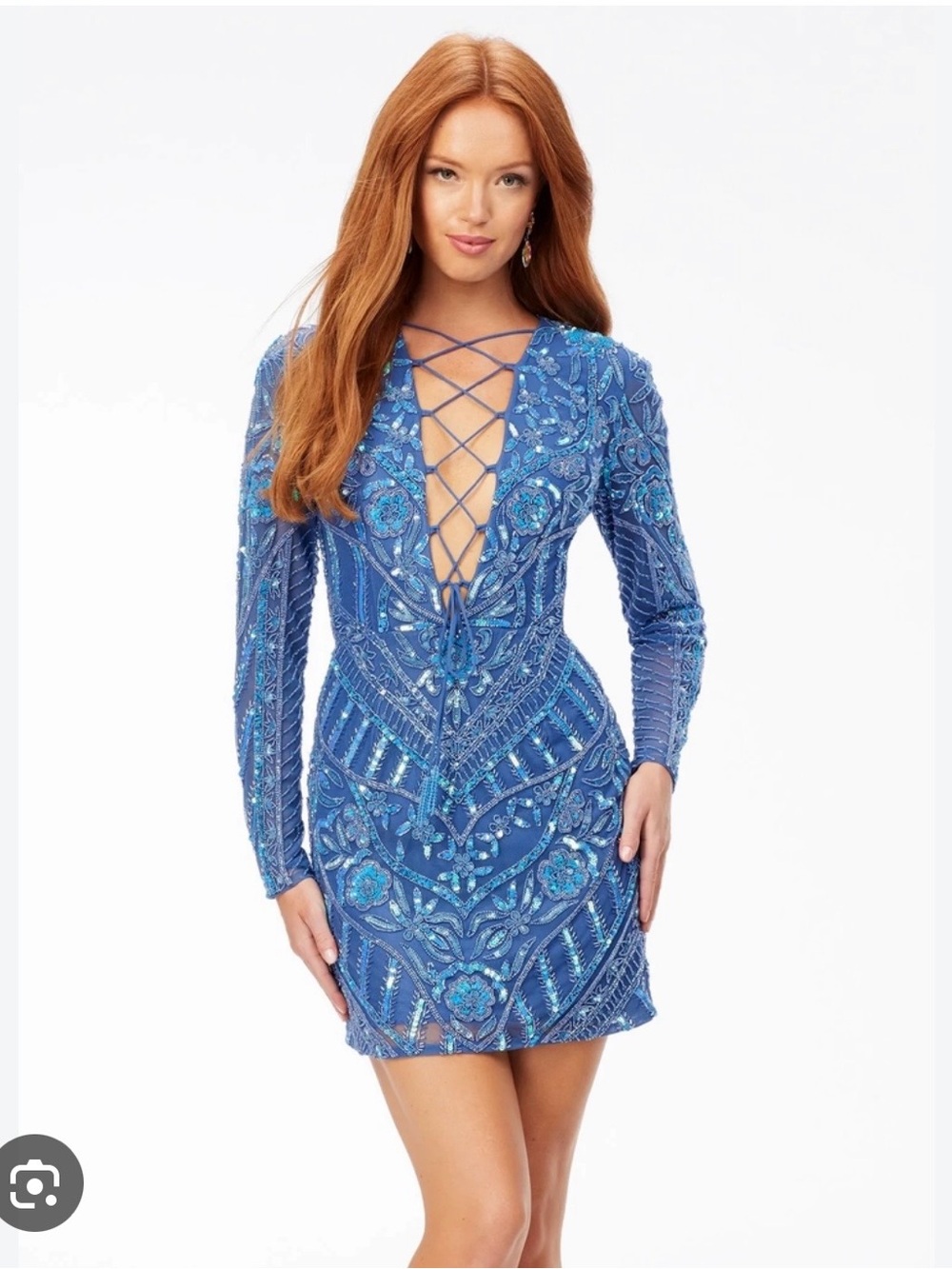 645. Ashley long-sleeve navy dress with teal beaded embellishment